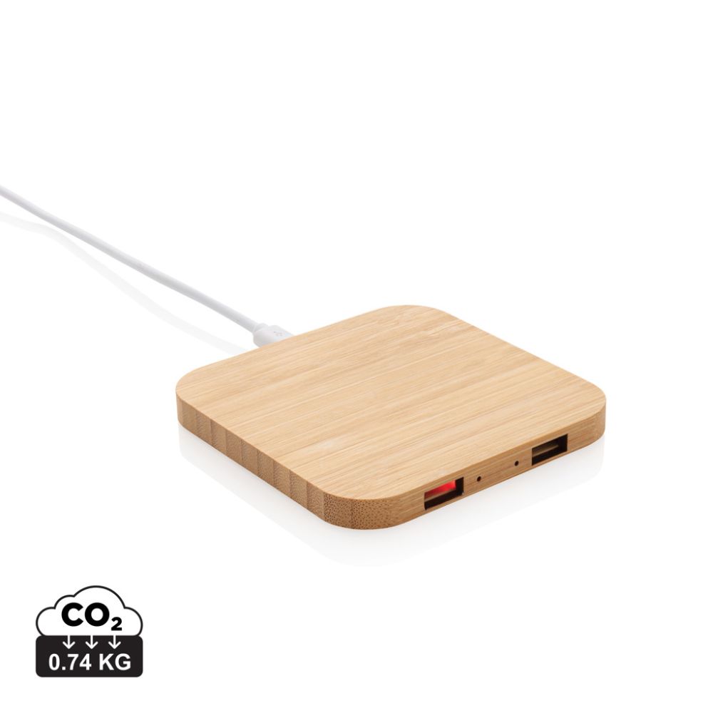 Bezvadu lādētājs Bamboo 5W no FSC® bambusa ar USB kabeli un jūsu logo