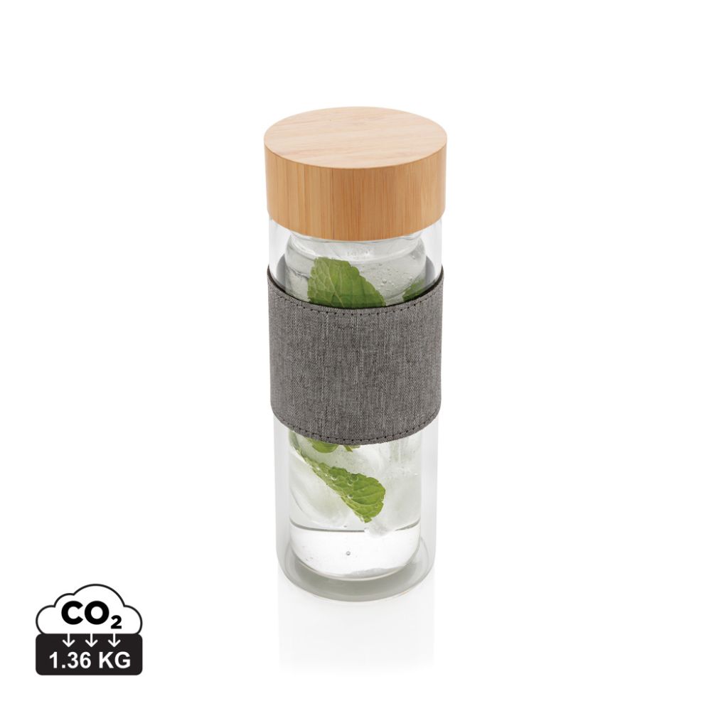 Impact double wall borosilicate glass bottle 360 ml with bamboo lid with your logo