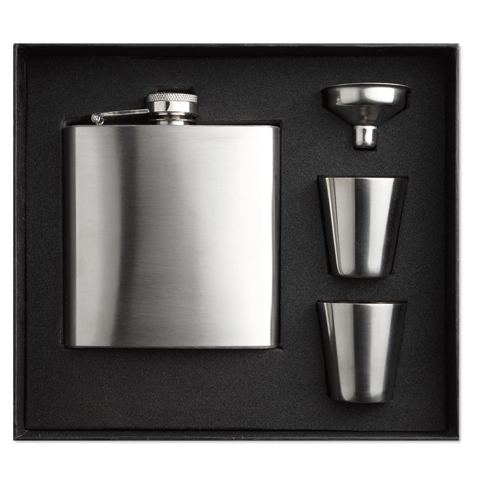 Hip flask set SLIMMY FLASK SET, slim 175 ml steel body with 2 cups, with your logo