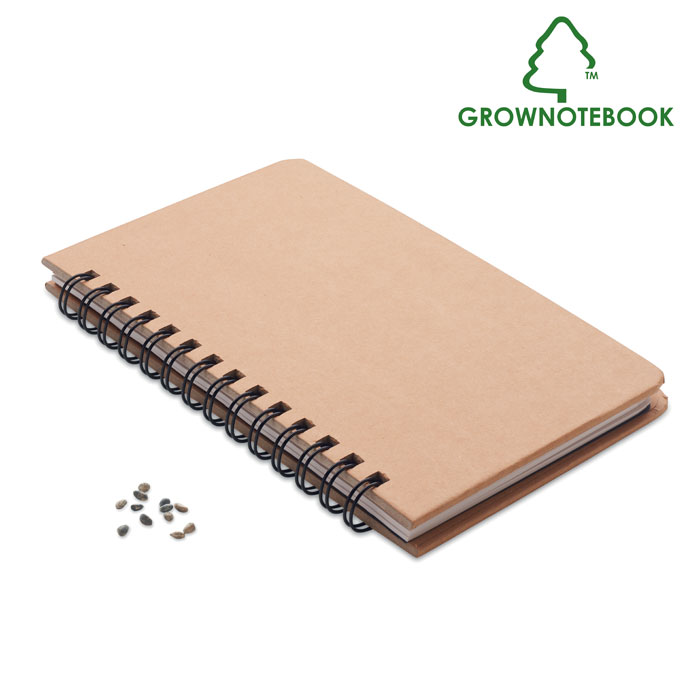 A5 piezīmju grāmatiņa GROWNOTEBOOK™ ar priedes sēklām un jūsu logo
