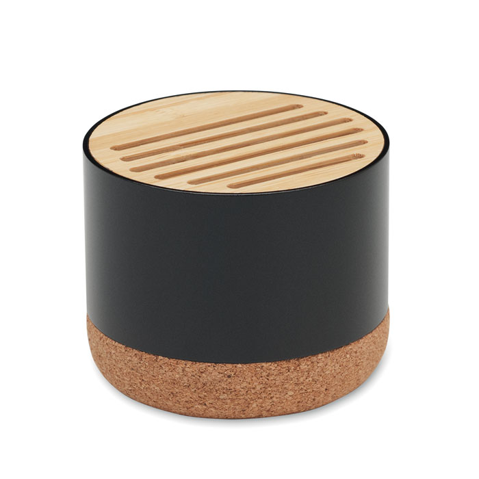 RUMBA wireless speaker with cork base and recycled aluminium casing with your logo