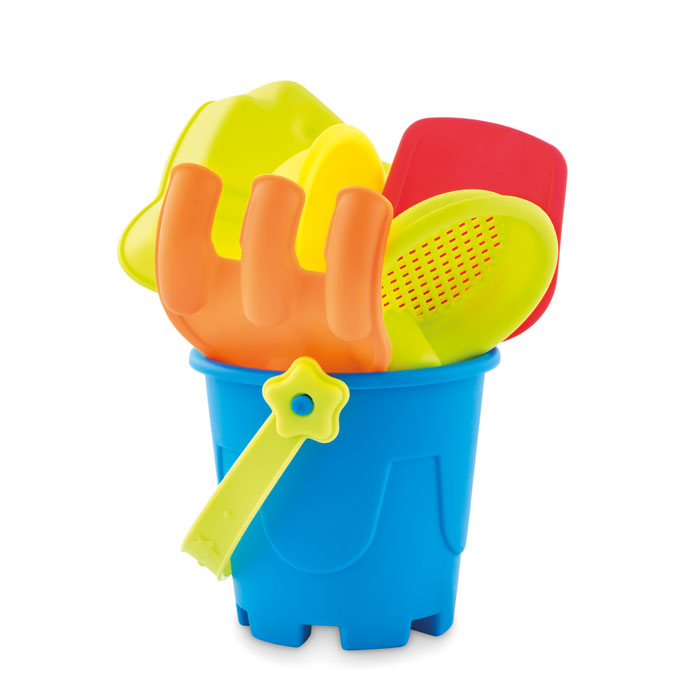 Kids beach toy set PLAYA with bucket, shovel and moulds, with your logo