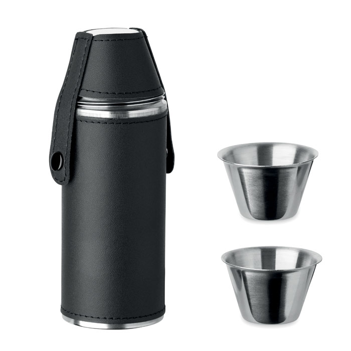 COCOON hip flask with PU leather finish and two shot cups, with your logo