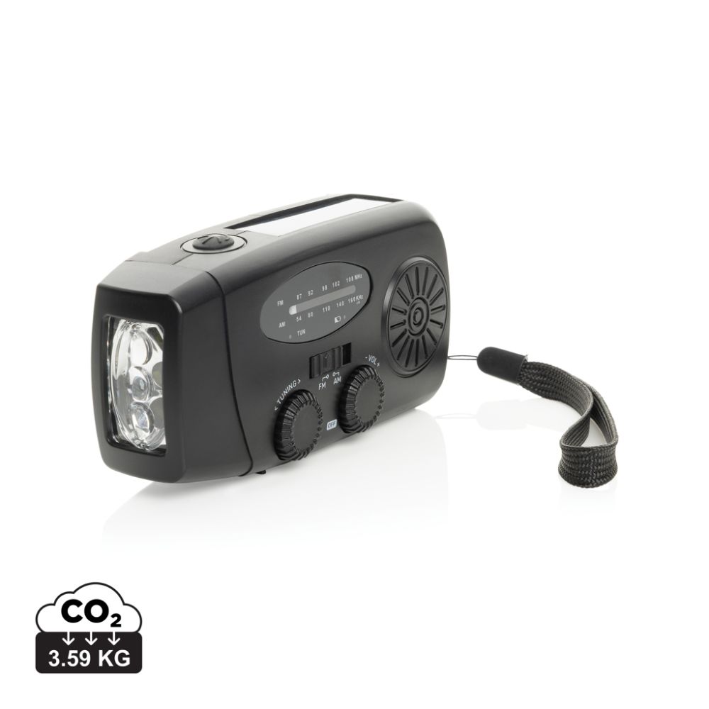 RescueWave RCS recycled plastic emergency radio with solar panel and torch, with your logo