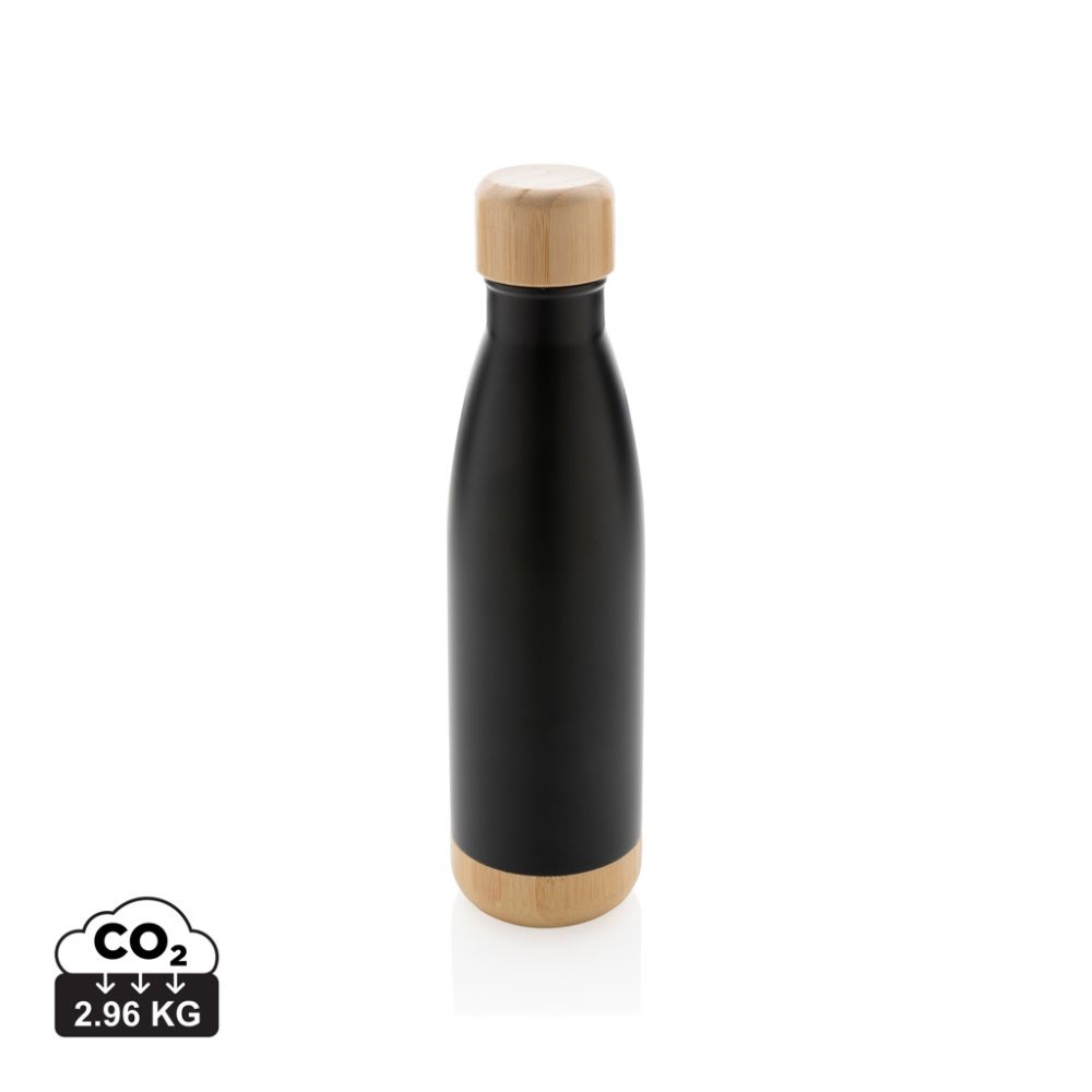 Vacuum stainless steel bottle 520 ml with bamboo lid and bottom, with your logo