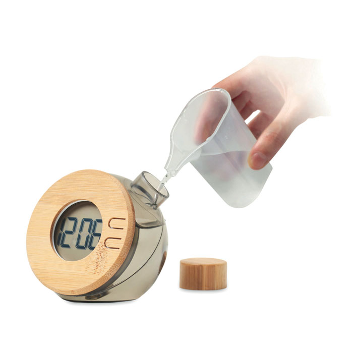 Water-powered LCD desk clock DROPPY LUX with bamboo details and your logo