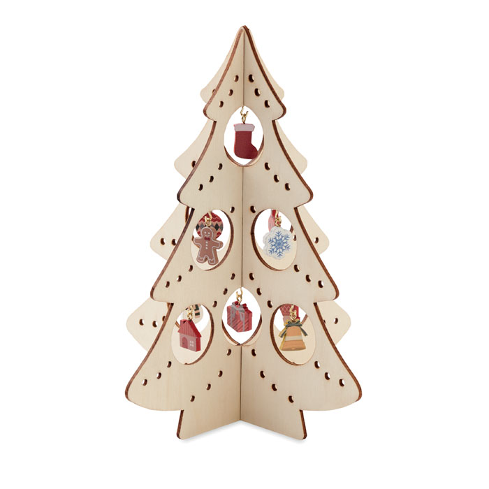 Wooden Christmas tree decoration SILUETA with 10 ornaments with your logo
