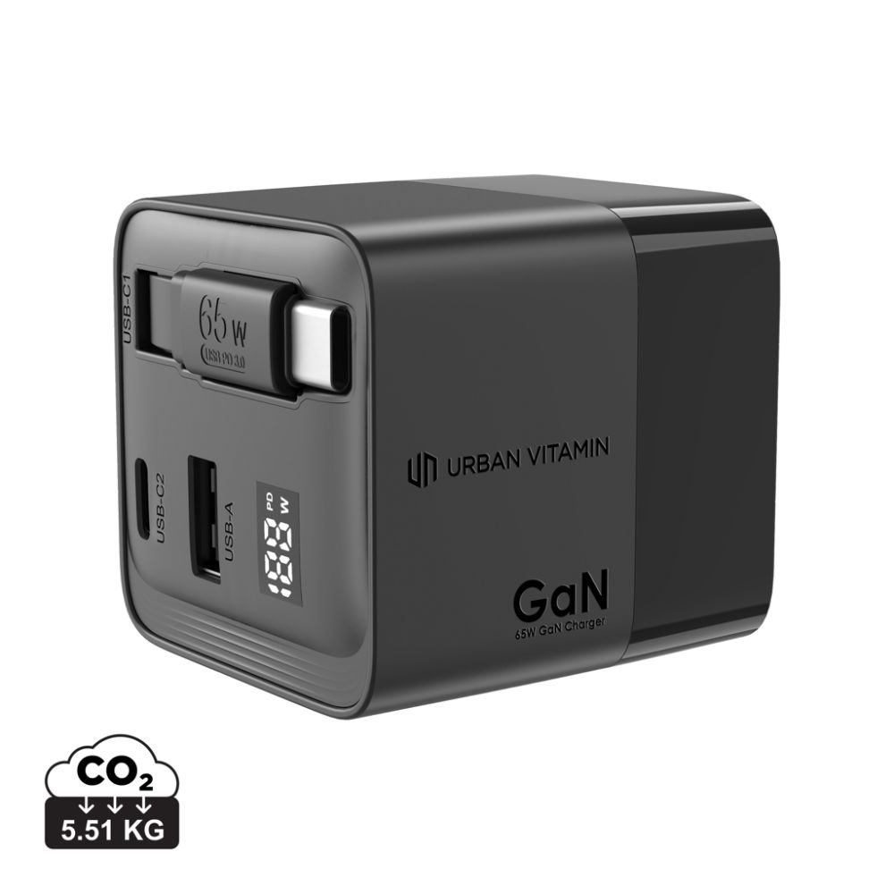 Urban Vitamin Mendocino 65W GaN charger with retractable cable and your logo