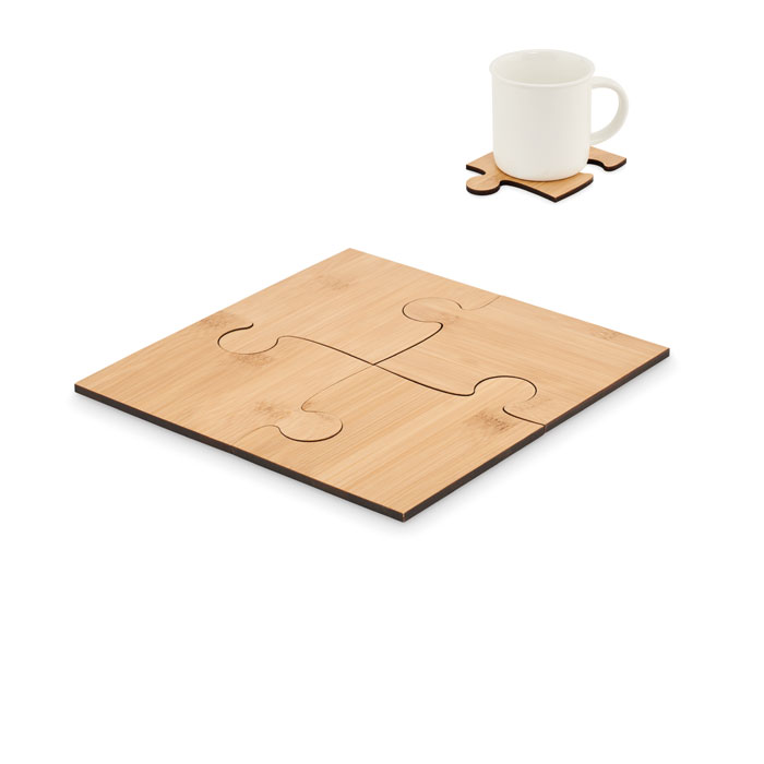 Bamboo coaster set LEPY, 4 puzzle pieces, with your logo
