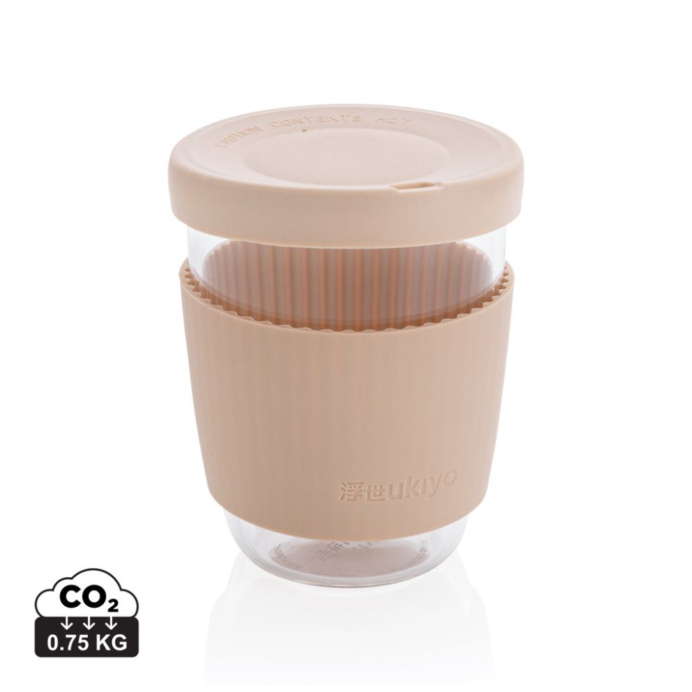 Ukiyo borosilicate glass cup 360 ml with silicone lid and sleeve, with your logo