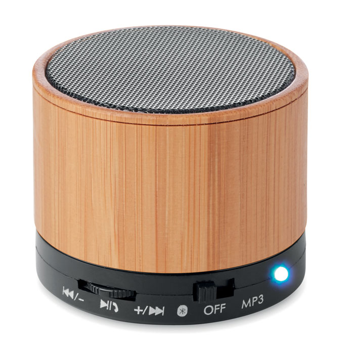 Round Bamboo wireless speaker with bamboo casing and hands-free calls, with your logo