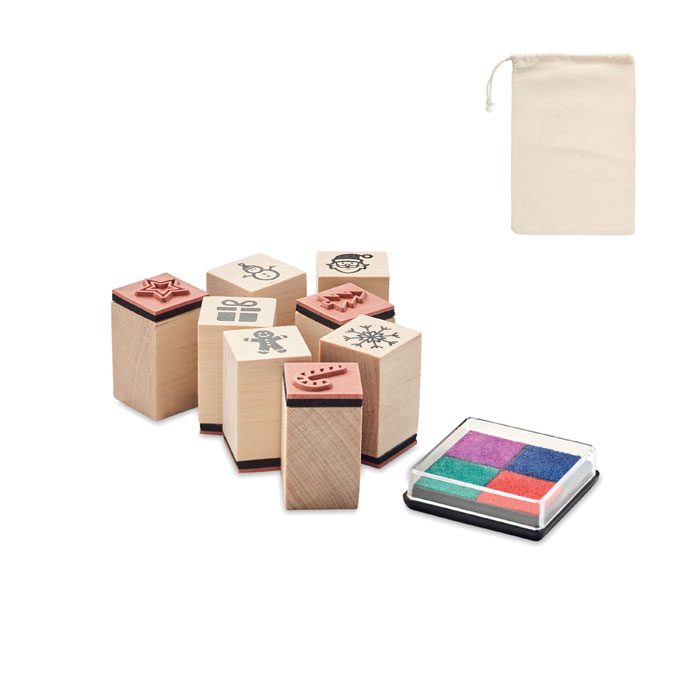 Wooden Christmas stamp set STAMPIE with 4-colour ink pad with your logo