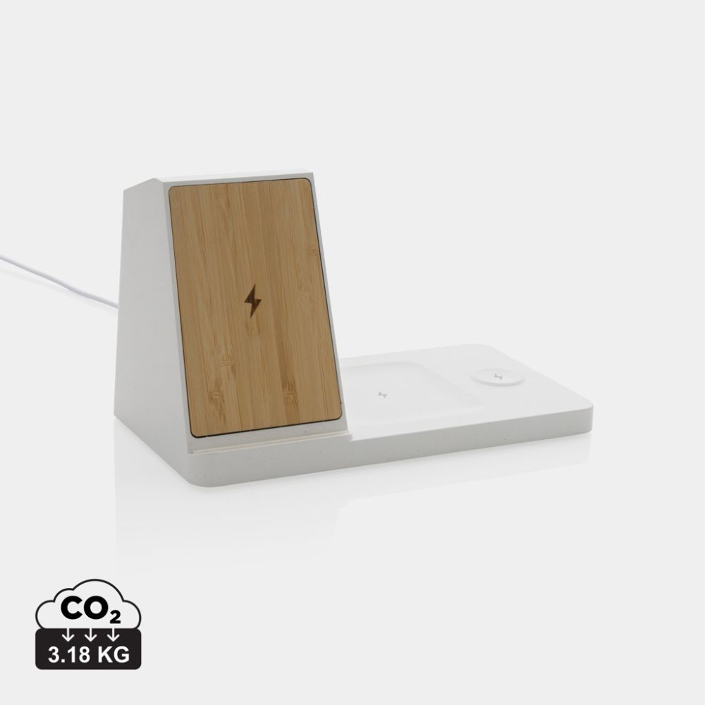 Ontario 3-in-1 wireless charger in recycled ABS and bamboo, 15 W, with your logo