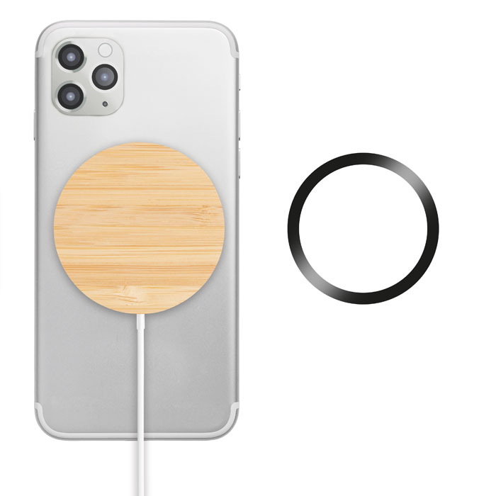 Magnetic wireless charger RUNDO MAG, bamboo, 10 W, with your logo