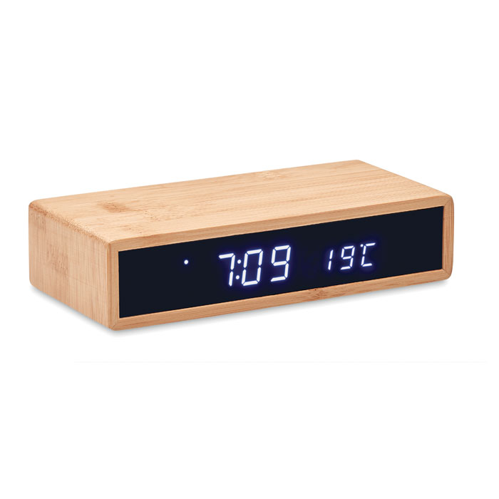 Wireless charger MORO with alarm clock and bamboo casing, with your logo