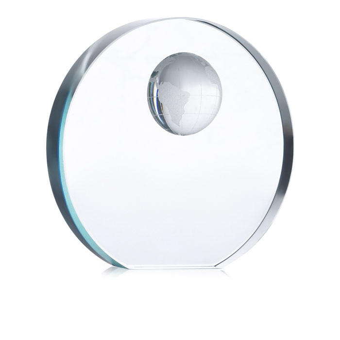Glass trophy MONDAL with relief half globe pattern with your logo