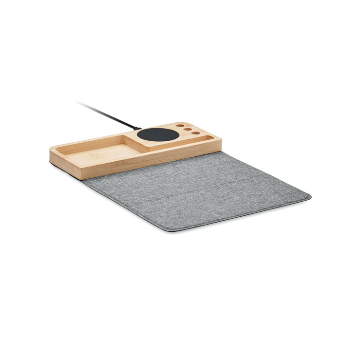 PANDU bamboo wireless charger and desk organiser with mouse mat, with your logo