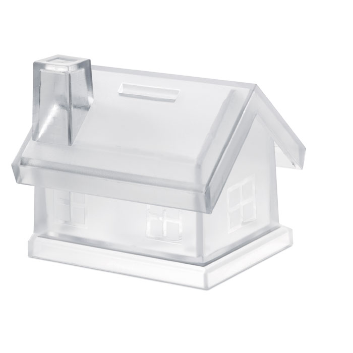 Plastic coin bank MYBANK with transparent house-shaped body with your logo