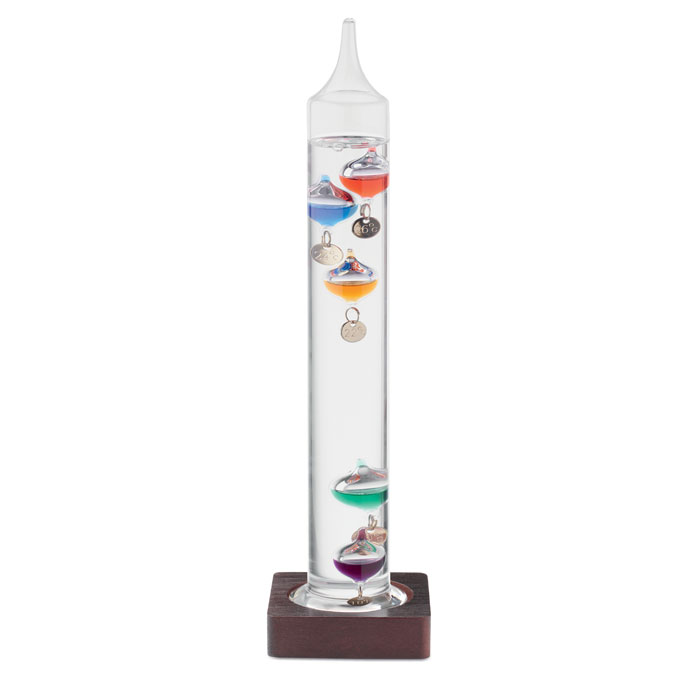 Galileo thermometer GALI in glass with wooden base, with your logo