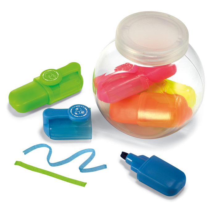 Highlighter set FUN FOR FIVE in a transparent container with your logo