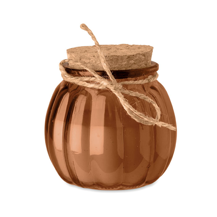 Vaniļas svece stikla traukā PUMKIN ar korķa vāciņu ar jūsu logo