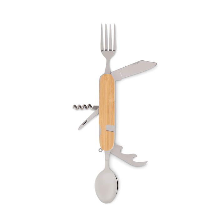 Folding camping cutlery set SUBETE with 5 functions in wooden casing with your logo