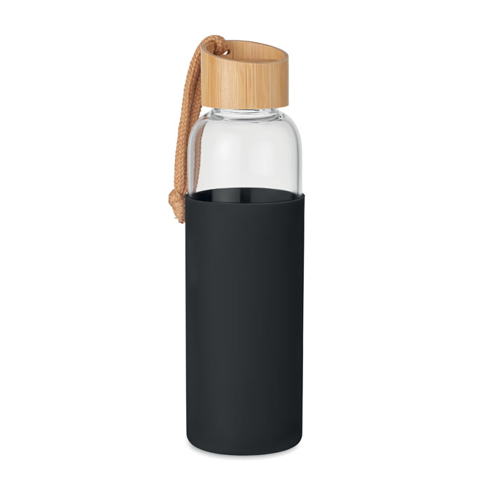Glass bottle CHAI 500 ml with silicone pouch and bamboo lid, with your logo