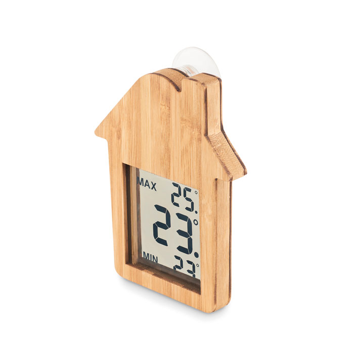 Bamboo weather station HISA, house-shaped with suction cup, with your logo