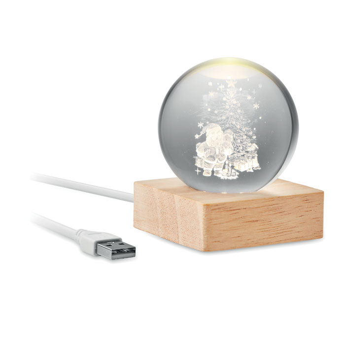 Glass Christmas ball SANTA LIGHT with LED light and rubber wood base, with your logo