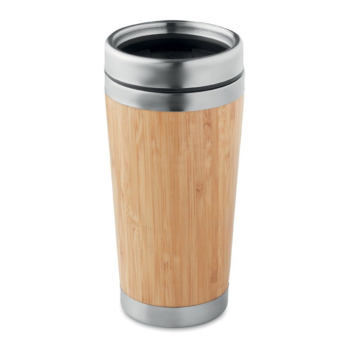 Double wall flask RODEODRIVE+ 400 ml with bamboo cover and your logo