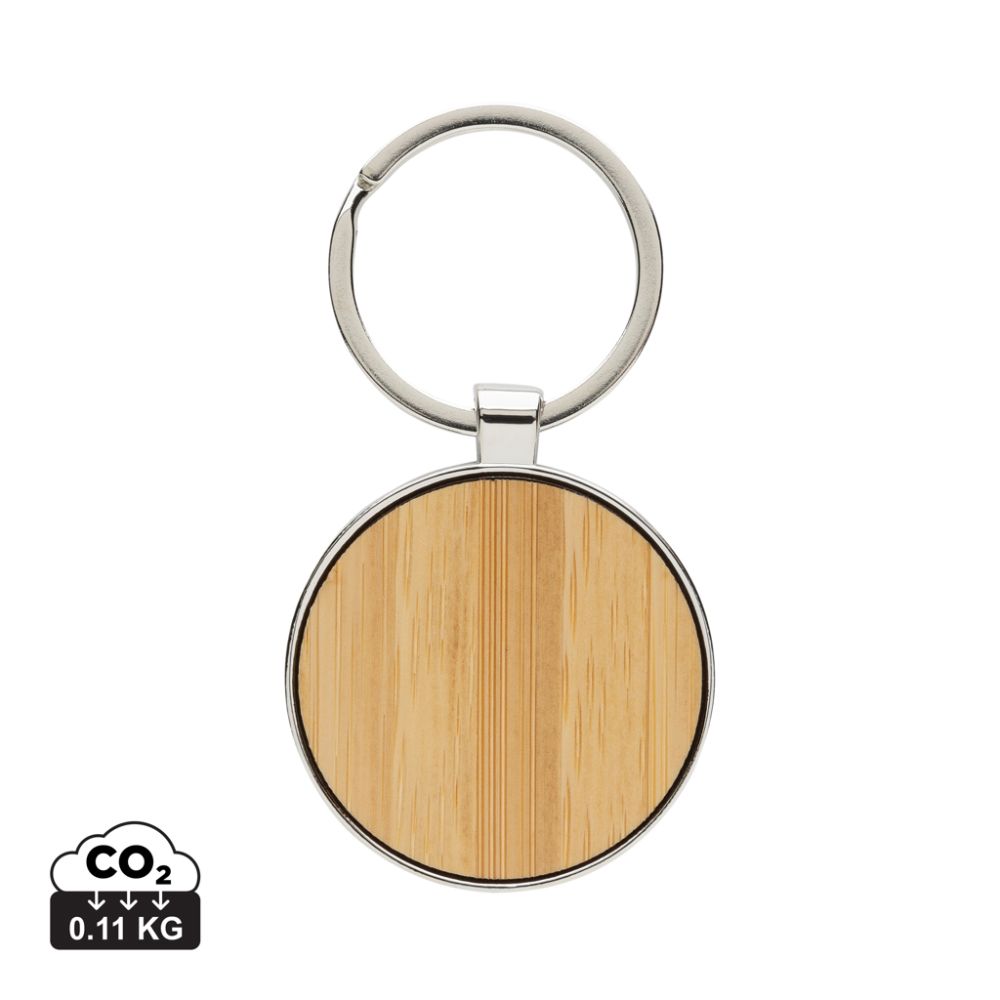 Round keyring made of recycled zinc alloy and bamboo with your logo