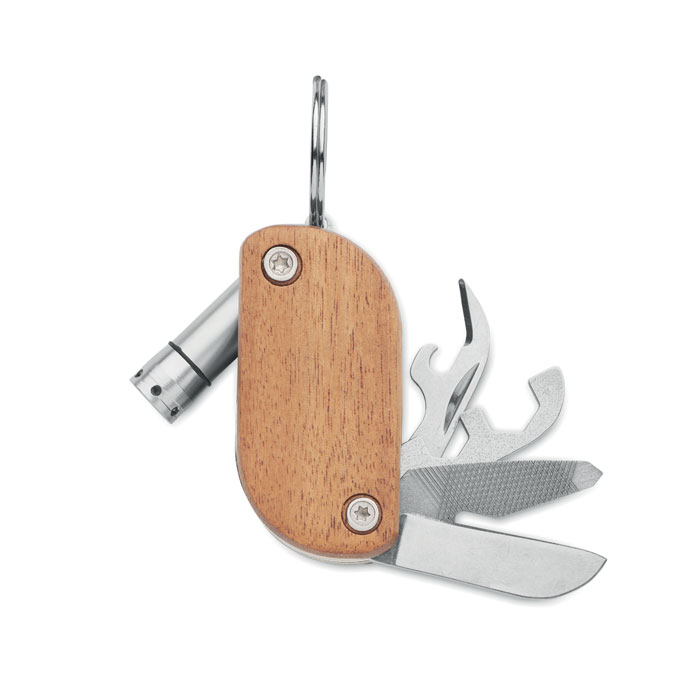 WODYCUT multi tool pocket knife with acacia wood handle and LED light, with your logo