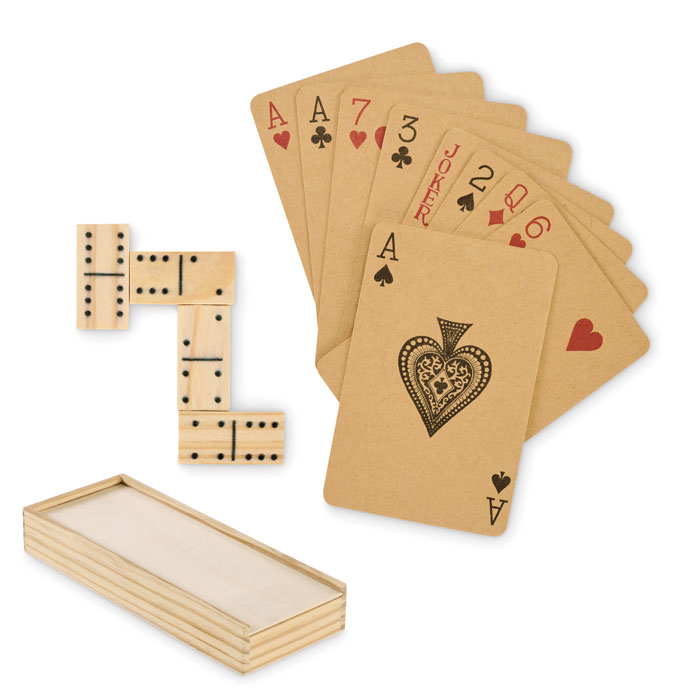 Domino un spēļu kāršu komplekts DOMI&CARDS koka kastītē ar jūsu logo