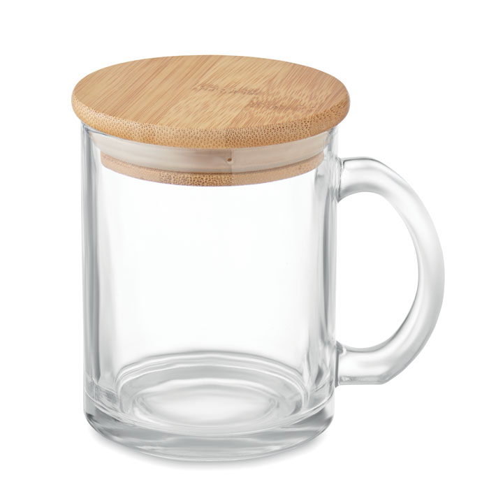 Pārstrādāta stikla krūze CELESTIAL 300 ml ar bambusa vāku ar jūsu logo