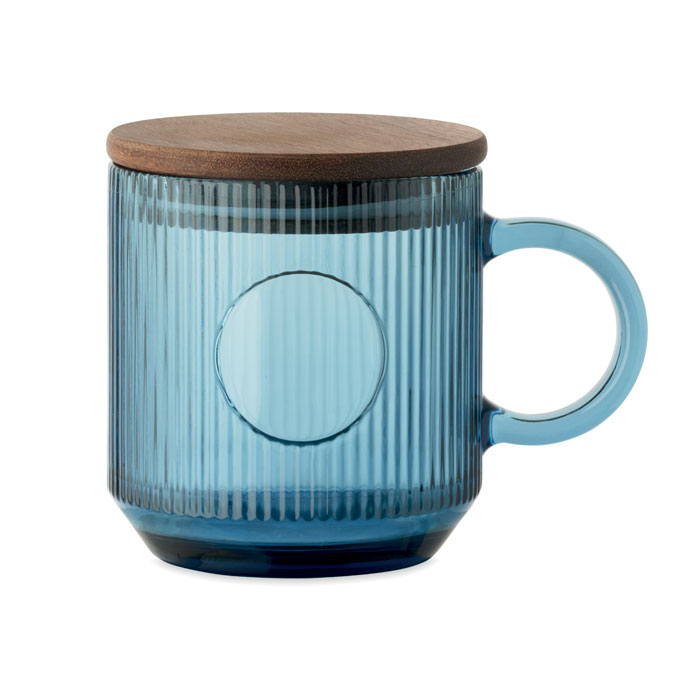 Rievota stikla krūze VITRIO MUG 300 ml ar akācijas vāku ar jūsu logo
