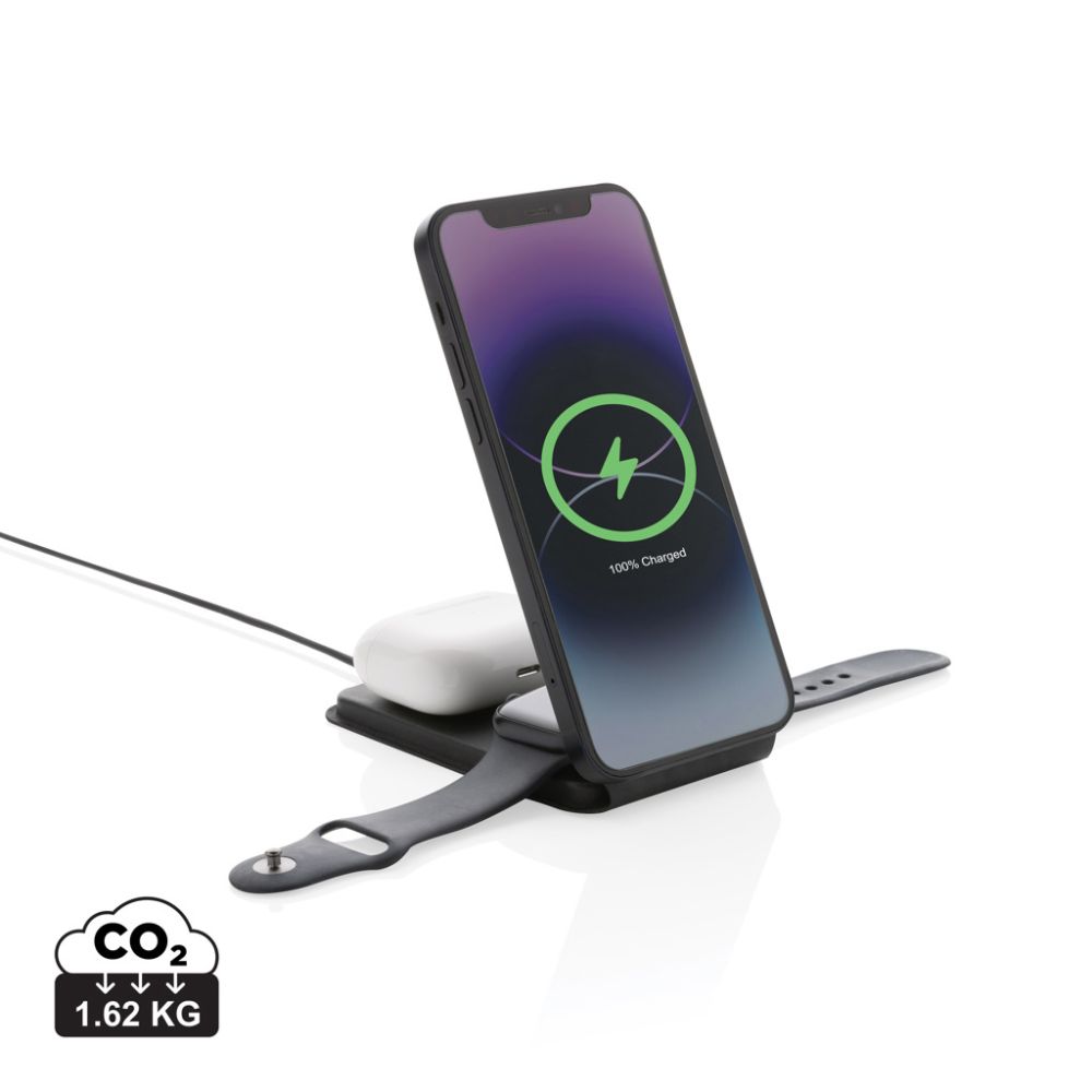 Swiss Peak RCS rPU 15W 3-in-1 foldable magnetic wireless charger with your logo