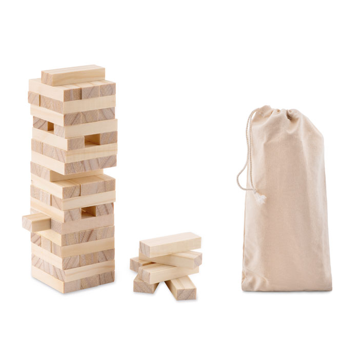Wooden toppling tower game PISA with 54 blocks in cotton pouch, with your logo