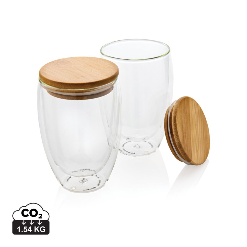 Double wall borosilicate glass set with bamboo lid, 2 × 350 ml, with your logo
