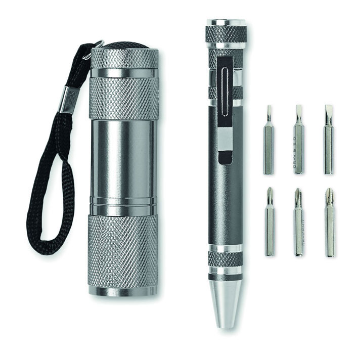 COMBITOOL tool set with 9 LED aluminium torch and multi tool with your logo