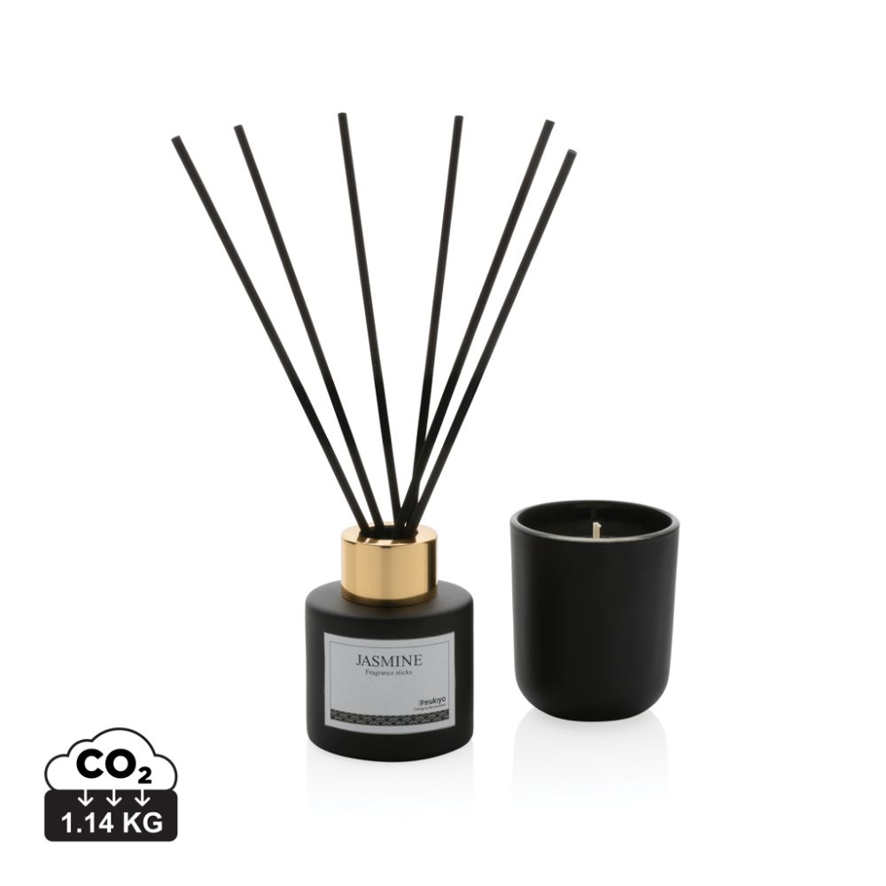 Sveču un aromātisko standziņu dāvanu komplekts Ukiyo ar jasmīna smaržu ar jūsu logo