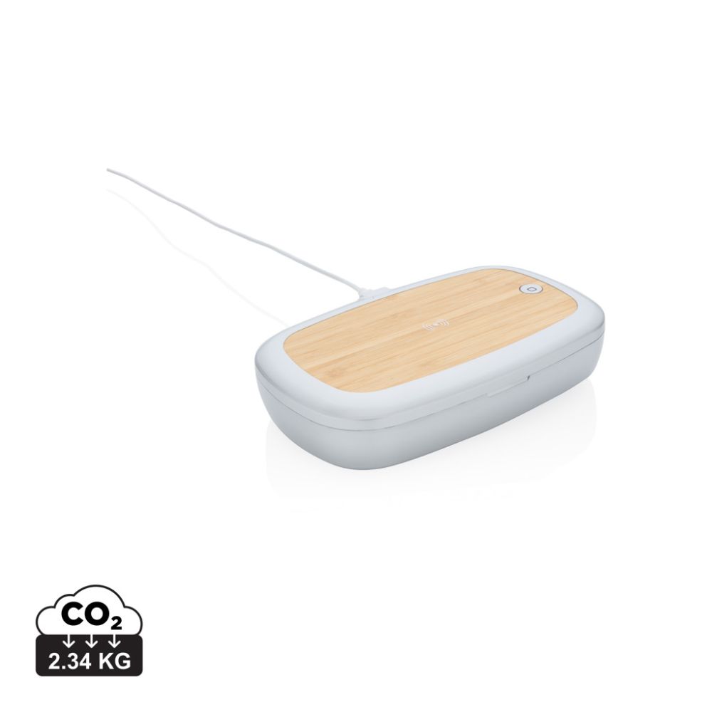 UV-C sterilizators Rena ar 5 W bezvadu lādētāju un bambusa virsmu ar jūsu logo