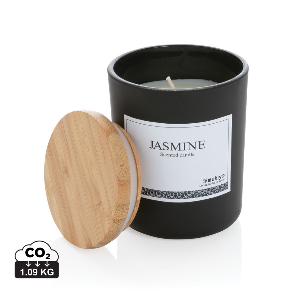 Ukiyo deluxe scented candle with bamboo lid, jasmine scent, with your logo