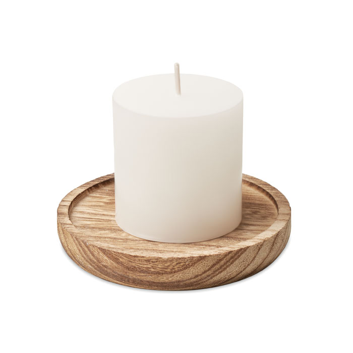 Vaniļas aromāta svece PENTAS uz apaļa koka paliktņa ar jūsu logo