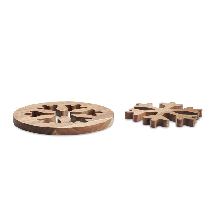 Acacia wood pot holder set SCAGLIA with snowflake design with your logo