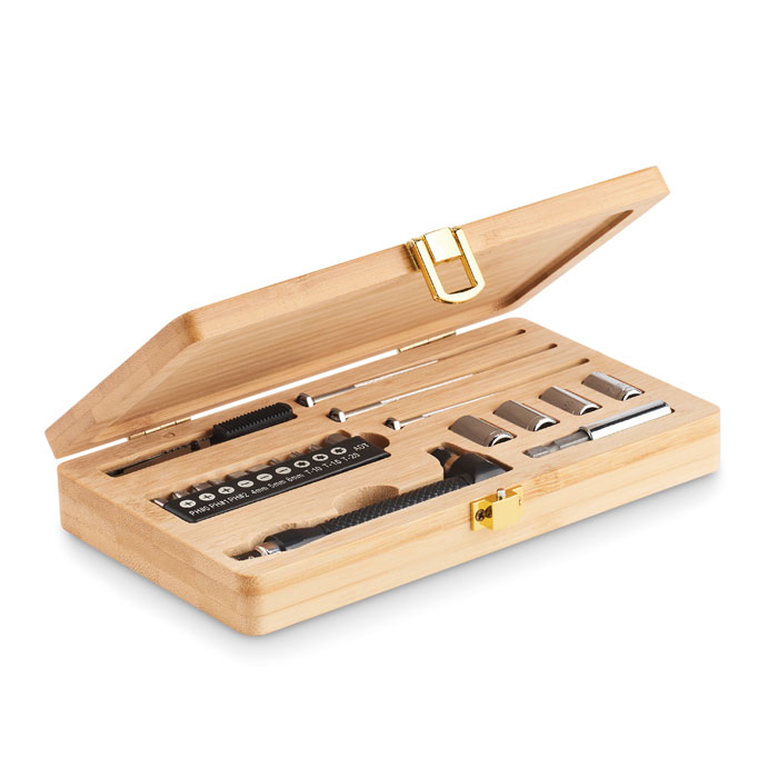 21-piece tool set GALLAWAY in a bamboo case with your logo