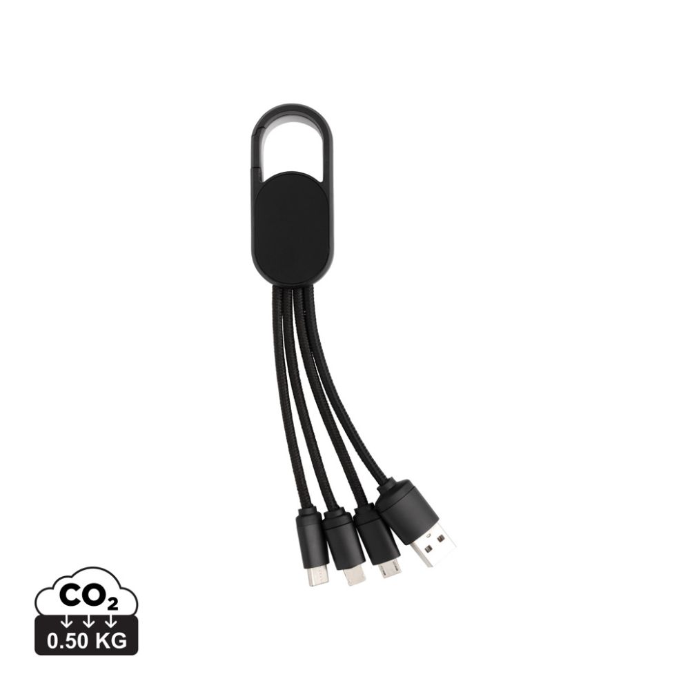 4 in 1 uzlādes kabelis ar karabīni, USB ieeja un 3 izejas, ar jūsu logo
