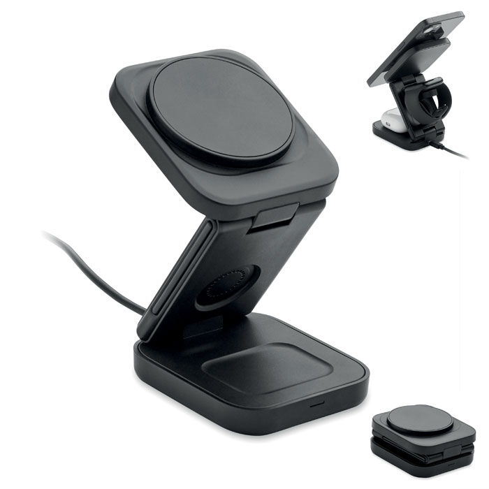 Foldable 3-in-1 charging station SATELIT with wireless charging and your logo