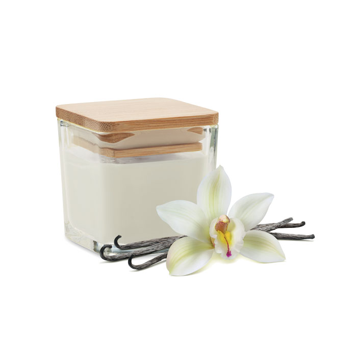 Fragranced candle PILA in a squared glass holder with your logo