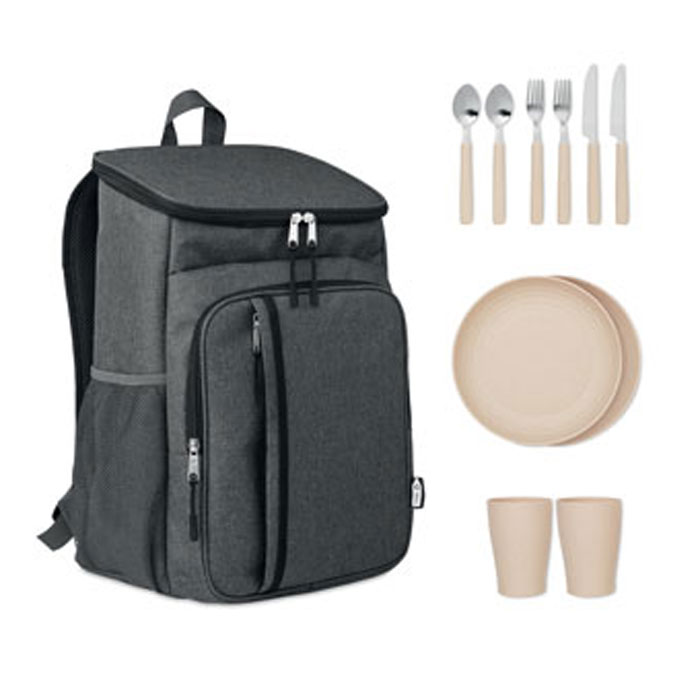 MONTECOOL picnic cooler backpack in 600D rPET with cutlery set for two, with your logo