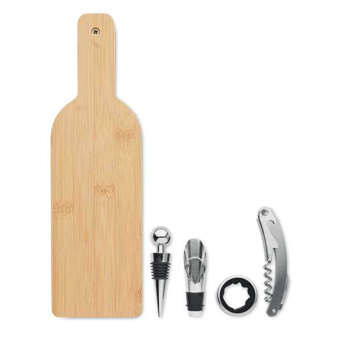 Wine accessory set VINOVAULT SET in a bottle-shaped bamboo case with your logo